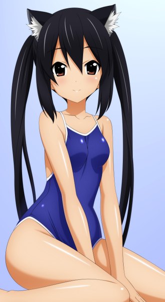 Anime picture 1674x3048 with k-on! kyoto animation nakano azusa wave ride single long hair tall image looking at viewer light erotic black hair red eyes twintails animal ears cat ears girl swimsuit