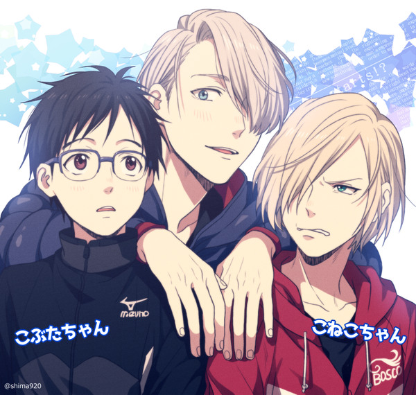 Anime picture 800x760 with yuri!!! on ice mappa viktor nikiforov katsuki yuuri yuri plisetsky mashima shima looking at viewer blush fringe short hair open mouth blue eyes black hair blonde hair smile white background brown eyes green eyes signed looking away