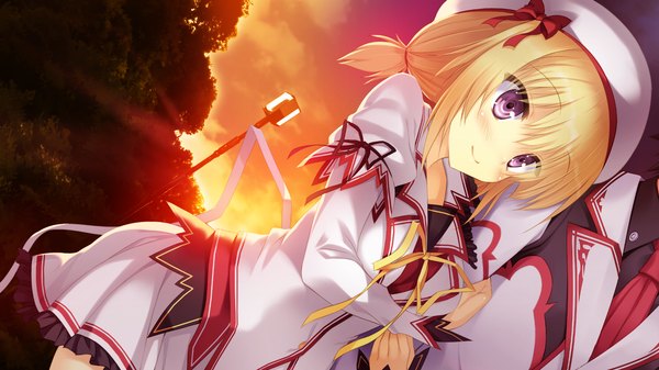 Anime picture 1280x720 with koiken otome ichikura chiharu blush short hair blonde hair smile wide image purple eyes game cg couple evening sunset girl uniform school uniform beret