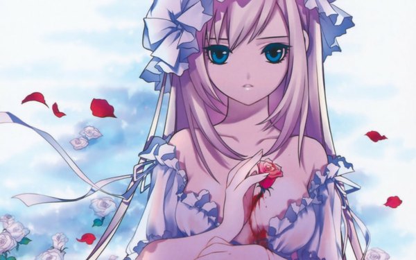 Anime picture 1024x640 with dmyotic shirahane nao single long hair looking at viewer breasts open mouth blue eyes light erotic blonde hair wide image bare shoulders girl flower (flowers) ribbon (ribbons) petals frills rose (roses) blood bonnet
