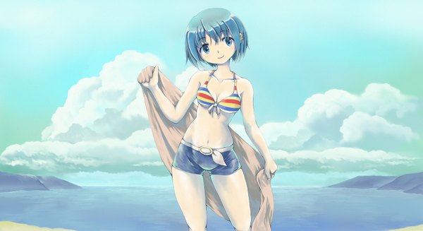 Anime picture 1408x768 with mahou shoujo madoka magica shaft (studio) miki sayaka ranranloo looking at viewer short hair blue eyes smile wide image blue hair cloud (clouds) girl navel shorts sea bikini top