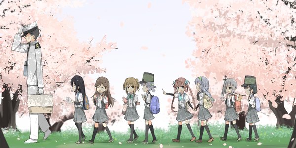 Anime picture 1474x737 with kantai collection admiral (kantai collection) asashio destroyer kasumi destroyer arashio destroyer ooshio destroyer michishio destroyer arare destroyer asagumo (kantai collection) yamagumo (kantai collection) daiyamaimo long hair fringe short hair black hair blonde hair smile brown hair wide image twintails