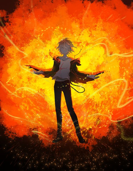 Anime picture 2160x2772 with dangan ronpa super dangan ronpa 2 komaeda nagito carlys single tall image looking at viewer fringe highres short hair standing silver hair full body wind hair over one eye off shoulder open jacket spread arms silver eyes explosion