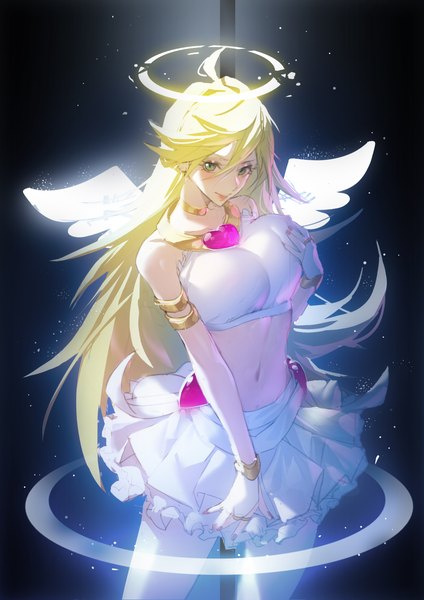Anime-Bild 2480x3508 mit panty & stocking with garterbelt anarchy panty tupiao shaonu single long hair tall image fringe highres breasts light erotic simple background blonde hair hair between eyes large breasts standing bare shoulders green eyes looking away midriff black background