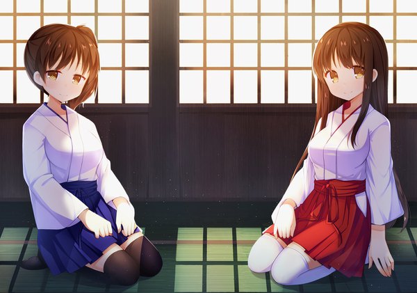 Anime picture 1422x1000 with kantai collection kaga aircraft carrier akagi aircraft carrier amemiya ruki long hair looking at viewer short hair smile brown hair sitting multiple girls brown eyes full body indoors traditional clothes japanese clothes shadow side ponytail seiza girl