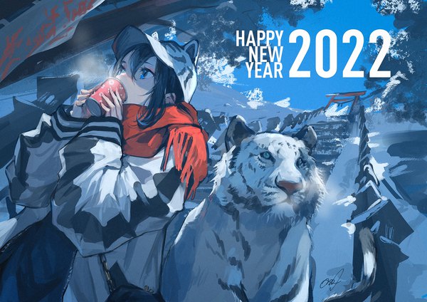 Anime picture 1200x848 with original baicha oqqa single long hair fringe blue eyes black hair hair between eyes looking away outdoors long sleeves open jacket from below sleeves past wrists winter snow new year steam happy new year drinking
