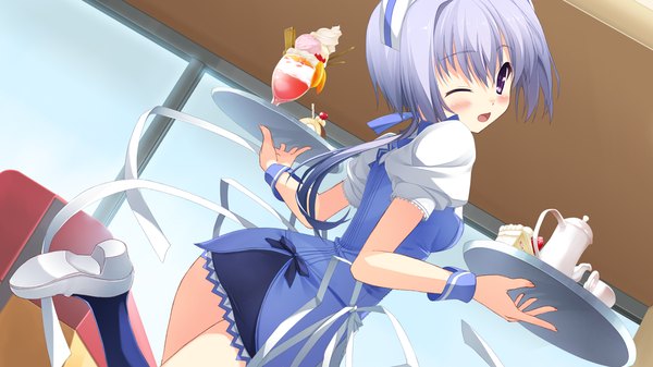Anime picture 1920x1080 with berry's long hair blush highres open mouth wide image purple eyes game cg one eye closed grey hair wink maid girl thighhighs dress ribbon (ribbons) food headdress sweets maid headdress