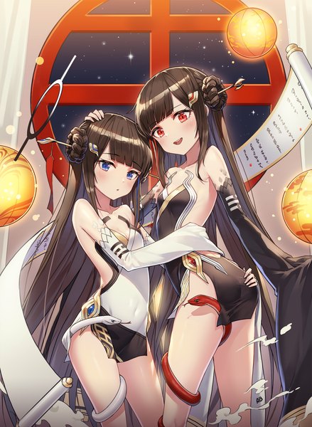 Anime picture 1244x1700 with honkai impact 3rd honkai (series) fuxi nuwa aliceblue long hair tall image looking at viewer blush fringe open mouth blue eyes light erotic red eyes brown hair bare shoulders multiple girls signed payot ass