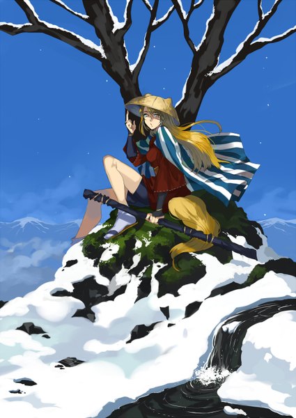Anime picture 992x1402 with original kyouichi single long hair tall image blonde hair sitting yellow eyes sky tail arm support snowing winter snow striped bare tree river girl plant (plants) hat