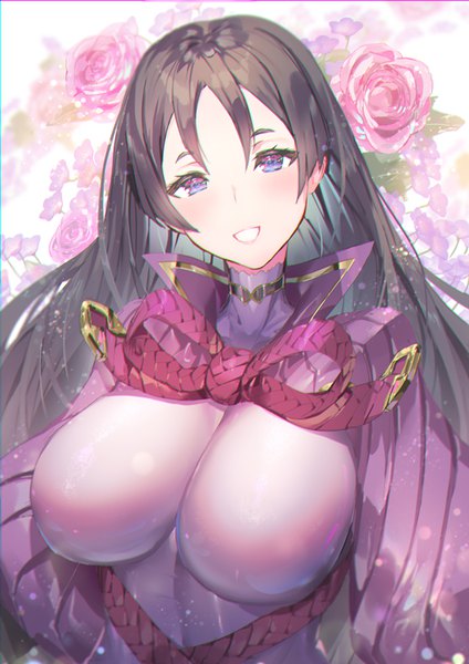Anime picture 566x800 with fate (series) fate/grand order minamoto no raikou (fate) yoshimoto (dear life) single long hair tall image looking at viewer breasts light erotic black hair smile large breasts purple eyes upper body head tilt grin girl flower (flowers) rose (roses)
