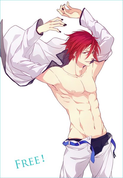Anime picture 744x1077 with free! kyoto animation matsuoka rin sara666 (roentgen666) single tall image looking at viewer short hair light erotic simple background red eyes white background red hair nail polish inscription copyright name arms behind head muscle black nail polish open pants