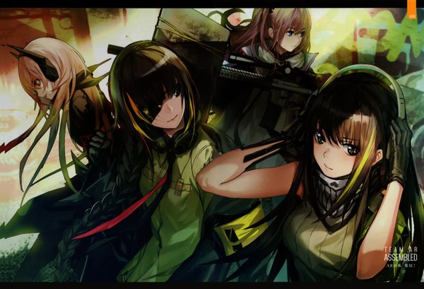 Anime picture 6523x4452 with girls frontline m4a1 (girls frontline) m4 sopmod ii (girls frontline) st ar-15 (girls frontline) m16a1 (girls frontline) infukun long hair looking at viewer fringe highres blue eyes black hair hair between eyes red eyes multiple girls brown eyes looking away pink hair absurdres braid (braids)