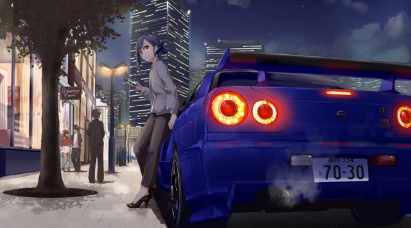 Anime picture 4096x2279 with original nissan funyariko looking at viewer fringe highres short hair wide image holding brown eyes blue hair absurdres cloud (clouds) full body bent knee (knees) outdoors parted lips night teeth shadow