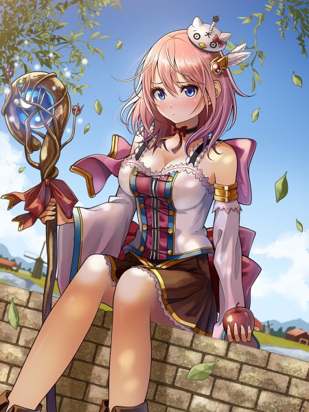 Anime picture 900x1200 with original kentaurosu single long hair tall image looking at viewer blush breasts blue eyes large breasts holding pink hair bent knee (knees) pleated skirt wide sleeves embarrassed fantasy frilly skirt river messy hair