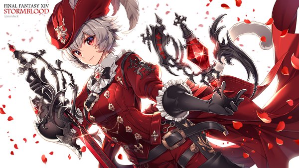 Anime-Bild 2000x1125 mit final fantasy final fantasy xiv square enix miqo'te red mage nardack single looking at viewer fringe highres short hair hair between eyes red eyes wide image white background signed tail animal tail grey hair cat tail