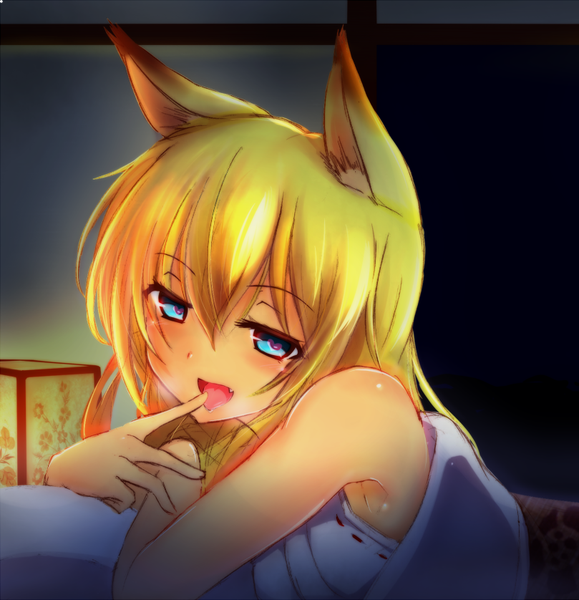 Anime picture 809x838 with original fujikusa single long hair tall image looking at viewer blush fringe open mouth blue eyes light erotic blonde hair hair between eyes bare shoulders animal ears indoors lying traditional clothes head tilt :d