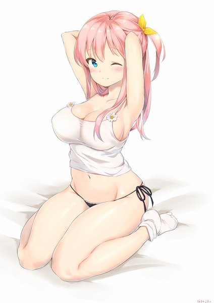 Anime picture 1413x2000 with original aymusk single long hair tall image looking at viewer blush fringe breasts blue eyes light erotic simple background hair between eyes large breasts white background sitting pink hair cleavage one eye closed one side up