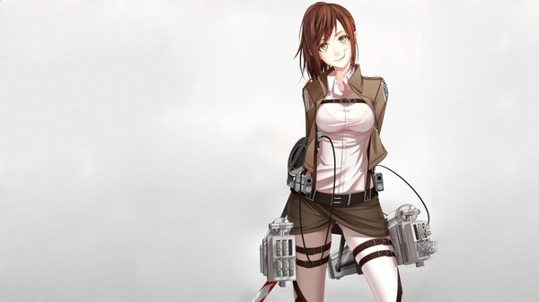 Anime picture 1600x900 with shingeki no kyojin production i.g sasha blouse koyaya (sorano) single long hair looking at viewer blush breasts smile brown hair wide image brown eyes ponytail head tilt open clothes open jacket wallpaper happy hands behind back