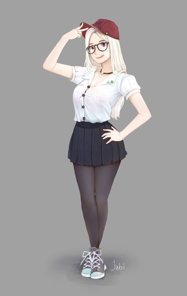 Anime-Bild 1299x2048 mit original mio (jubi) jubi (regiana) single long hair tall image looking at viewer breasts simple background blonde hair large breasts standing brown eyes signed full body pleated skirt arm up grey background short sleeves hand on hip