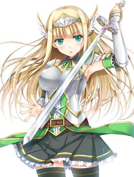 Anime picture 757x1000 with original sousouman single long hair tall image looking at viewer blush blonde hair white background green eyes head wings girl thighhighs dress weapon black thighhighs sword wings armor