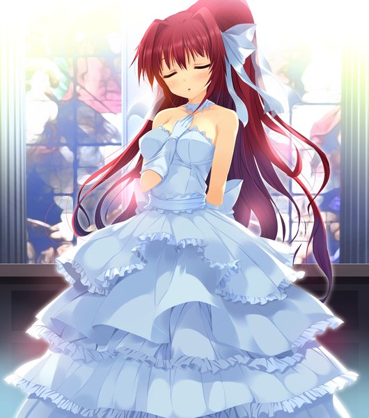 Anime picture 2048x2317 with koiken otome yasukuni akane tateha (marvelous grace) long hair tall image highres game cg ponytail red hair eyes closed girl dress gloves bow hair bow wedding dress