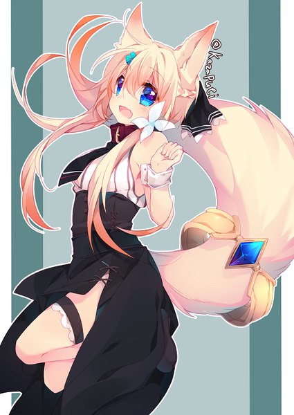 Anime picture 567x800 with original kazato fuuchi single tall image fringe short hair open mouth blue eyes simple background blonde hair hair between eyes bare shoulders signed animal ears payot looking away ahoge bent knee (knees) tail animal tail