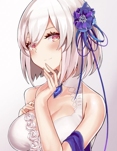 Anime picture 2104x2707 with azur lane sirius (azur lane) sirius (white rose) (azur lane) septoleaf single tall image looking at viewer blush fringe highres short hair breasts light erotic simple background hair between eyes red eyes large breasts bare shoulders payot cleavage
