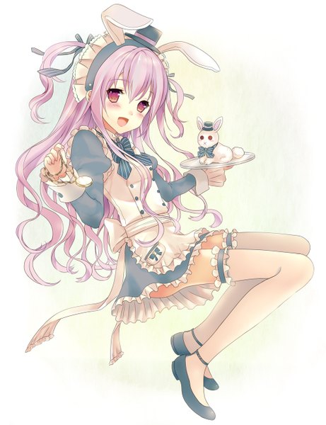 Anime picture 1000x1301 with original yuuki rika single long hair tall image blush open mouth red eyes purple hair bunny ears girl thighhighs dress hat white thighhighs clock pocket watch