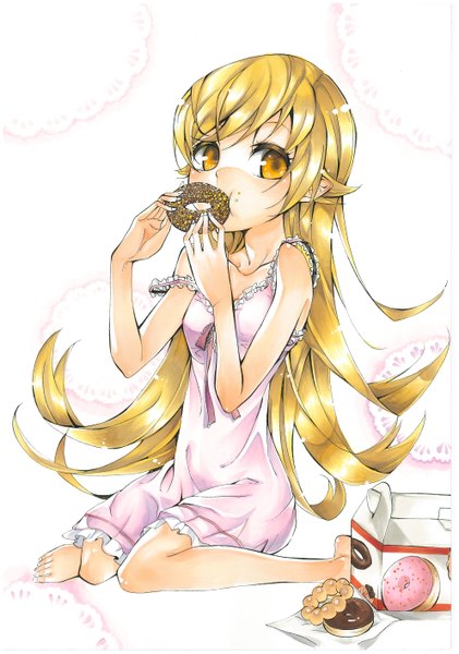 Anime picture 1984x2826 with bakemonogatari shaft (studio) monogatari (series) mister donut oshino shinobu kat (bu-kunn) single long hair tall image highres simple background blonde hair white background bare shoulders yellow eyes barefoot loli eating girl food