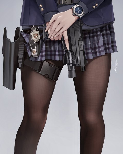 Anime picture 3268x4096 with original porsche koh (minagi kou) single tall image highres simple background holding signed absurdres long sleeves legs plaid skirt blue background head out of frame trigger discipline girl skirt uniform weapon