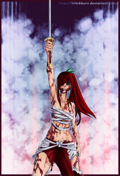 Anime picture 1000x1471 with fairy tail erza scarlet bl4ckburn single long hair tall image fringe light erotic red eyes ponytail red hair hair over one eye armpit (armpits) midriff coloring torn clothes girl navel bow weapon