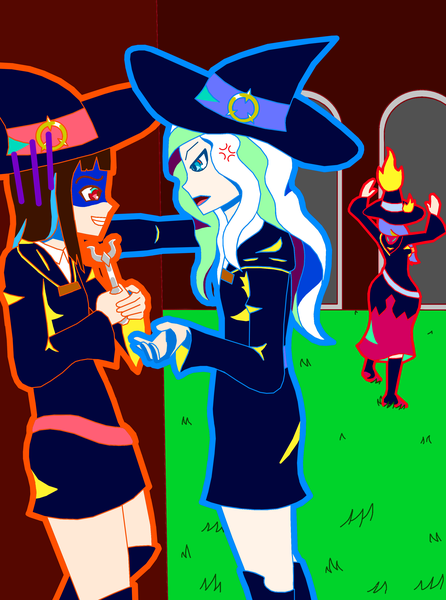 Anime picture 2481x3335 with little witch academia studio trigger kagari atsuko diana cavendish ursula charistes fenno7 long hair tall image fringe highres open mouth blue eyes smile red eyes brown hair multiple girls looking away blunt bangs long sleeves multicolored hair