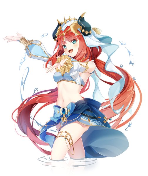 Anime picture 2100x2500 with genshin impact nilou (genshin impact) koki (latte1023) single tall image looking at viewer highres open mouth blue eyes simple background white background twintails red hair very long hair :d horn (horns) midriff partially submerged low twintails spread arms