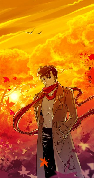 Anime picture 636x1200 with bishoujo senshi sailor moon toei animation chiba mamoru han miao single tall image short hair brown hair standing sky light smile open clothes open jacket evening sunset hands in pockets autumn naked shirt boy plant (plants)