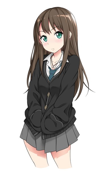 Anime picture 716x1132 with idolmaster idolmaster cinderella girls shibuya rin nora shinji (artist) single long hair tall image blush fringe simple background brown hair standing white background green eyes looking away long sleeves head tilt pleated skirt shadow hands in pockets