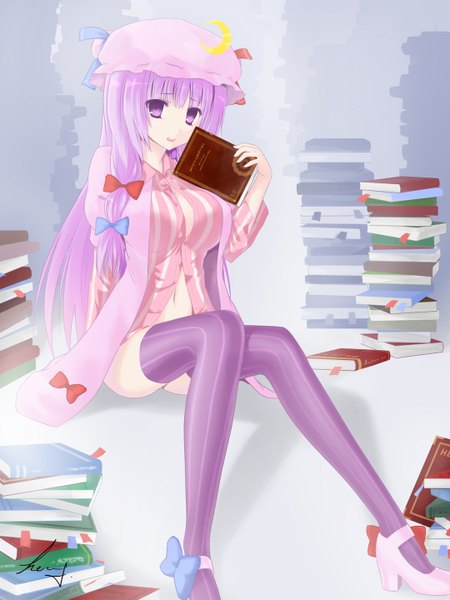 Anime picture 1080x1440 with touhou patchouli knowledge hsuliherng single long hair tall image looking at viewer open mouth light erotic sitting purple eyes signed purple hair long sleeves crescent girl thighhighs bow ribbon (ribbons) hair bow