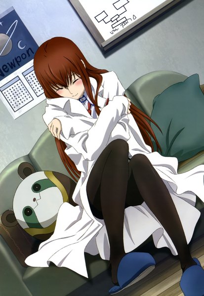 Anime picture 4079x5926 with steins;gate white fox nyantype makise kurisu single long hair tall image blush highres smile brown hair sitting absurdres eyes closed official art girl pantyhose couch labcoat