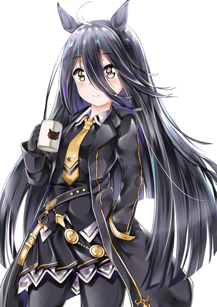 Anime picture 2480x3508 with umamusume manhattan cafe (umamusume) fuyuki030 single long hair tall image blush fringe highres black hair simple background hair between eyes white background holding animal ears yellow eyes ahoge hand in pocket horse ears girl