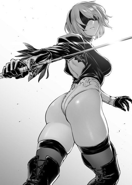 Anime picture 1488x2088 with nier nier:automata yorha no. 2 type b mugetsu2501 single tall image fringe short hair breasts light erotic simple background standing holding ass from behind mole from below puffy sleeves turning head monochrome