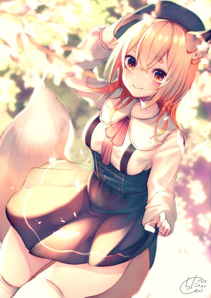 Anime picture 1417x2000 with original chita (ketchup) single long hair tall image looking at viewer blush fringe blonde hair smile hair between eyes red eyes signed animal ears tail animal tail pleated skirt arm up blurry shadow