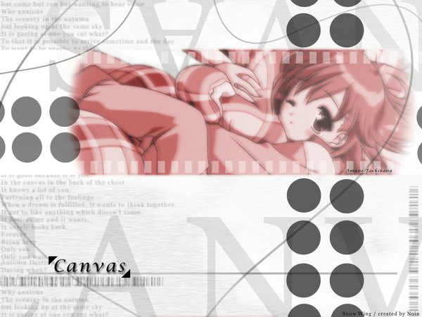Anime picture 1024x768 with canvas (anime) tachibana amane gayarou single looking at viewer blush short hair red eyes signed red hair lying one eye closed copyright name third-party edit girl