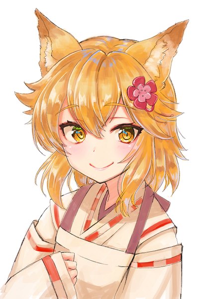 Anime picture 1000x1415 with sewayaki kitsune no senko-san doga kobo senko (sewayaki kitsune no senko-san) vesper (pixiv3568) single tall image looking at viewer blush fringe short hair simple background blonde hair smile hair between eyes white background animal ears yellow eyes upper body traditional clothes japanese clothes
