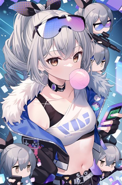 Anime picture 1100x1668 with honkai: star rail honkai (series) silver wolf (honkai: star rail) hitsukuya single long hair tall image looking at viewer fringe standing holding brown eyes signed payot ponytail grey hair open jacket midriff fur trim drill hair