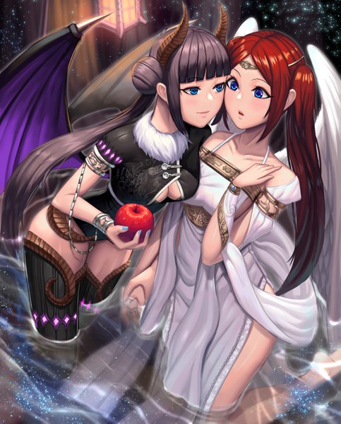 Anime picture 2075x2573 with original moonandmist long hair tall image fringe highres blue eyes light erotic black hair twintails multiple girls holding red hair blunt bangs nail polish horn (horns) from above hair bun (hair buns) kneeling angel wings