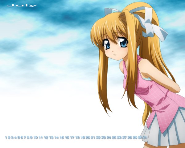 Anime picture 1280x1024 with air key (studio) kamio misuzu wave ride looking at viewer blue eyes blonde hair sky ponytail pleated skirt sleeveless bent over girl skirt ribbon (ribbons) hair ribbon calendar