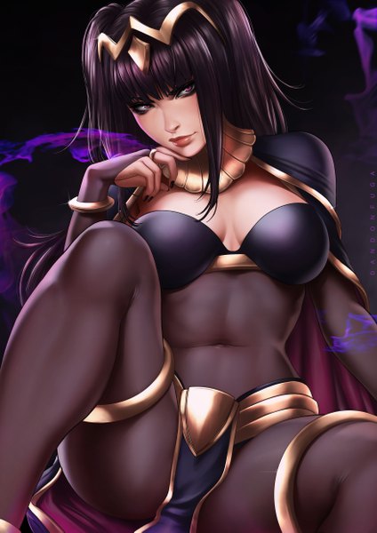 Anime picture 3508x4961 with fire emblem fire emblem awakening nintendo sarja dandon fuga single long hair tall image looking at viewer fringe highres breasts light erotic black hair simple background large breasts sitting purple eyes signed payot