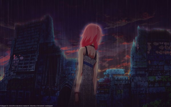 Anime picture 1680x1050 with guilty crown production i.g yuzuriha inori single long hair wide image bare shoulders pink hair sky cloud (clouds) back rain ruins girl bracelet sundress