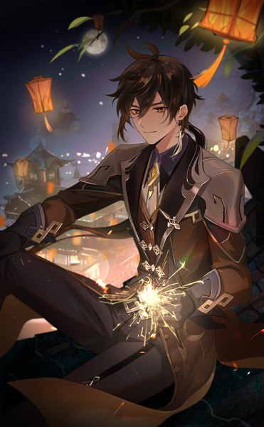 Anime picture 2169x3508 with genshin impact zhongli (genshin impact) ei (user sjgf2435) single long hair tall image fringe highres black hair smile hair between eyes sitting brown eyes outdoors night low ponytail architecture east asian architecture boy moon