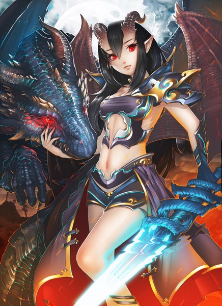 Anime-Bild 1600x2200 mit original monkey (weibo) single tall image looking at viewer short hair black hair red eyes standing cloud (clouds) bent knee (knees) horn (horns) pointy ears teeth bare belly fang (fangs) fantasy oni horns glowing weapon girl