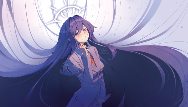 Anime picture 2708x1548 with doki doki literature club yuri (doki doki literature club) peaceablecolt single looking at viewer blush fringe highres hair between eyes wide image standing purple eyes holding signed payot purple hair long sleeves very long hair parted lips pleated skirt